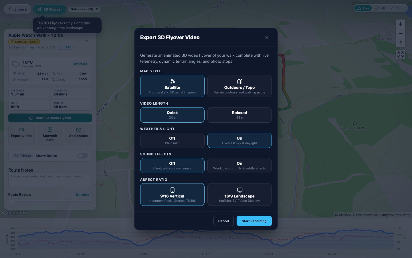 The video options: map style, length, weather and light, sound effects and aspect ratio