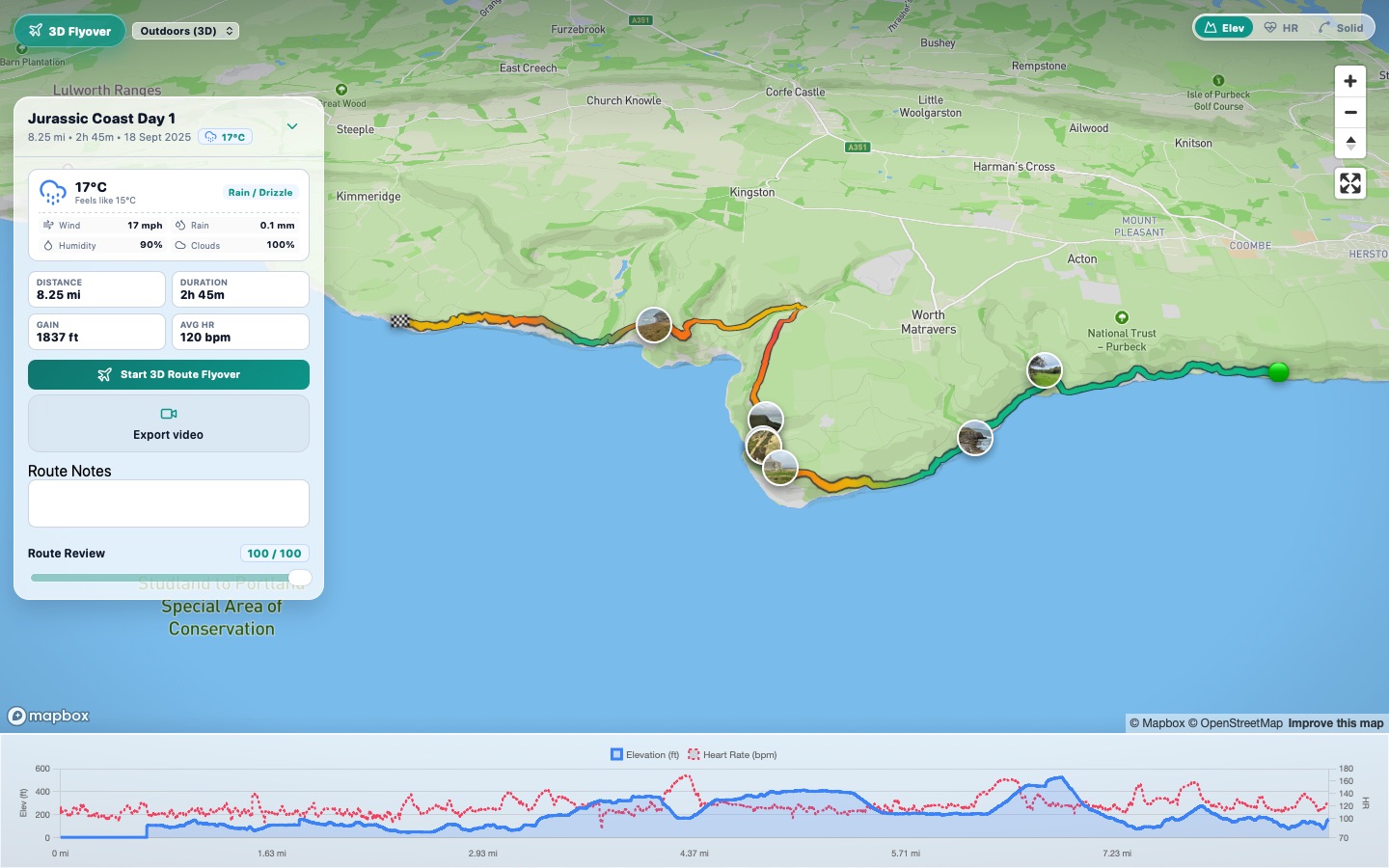 A GPX walk in UploadMyWalk on a computer: the route on the map with its weather, stats and elevation profile