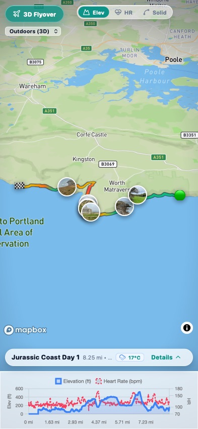 A walk from Apple Health in the UploadMyWalk iPhone app: the route on a 3D map with photos, and the elevation and heart-rate chart